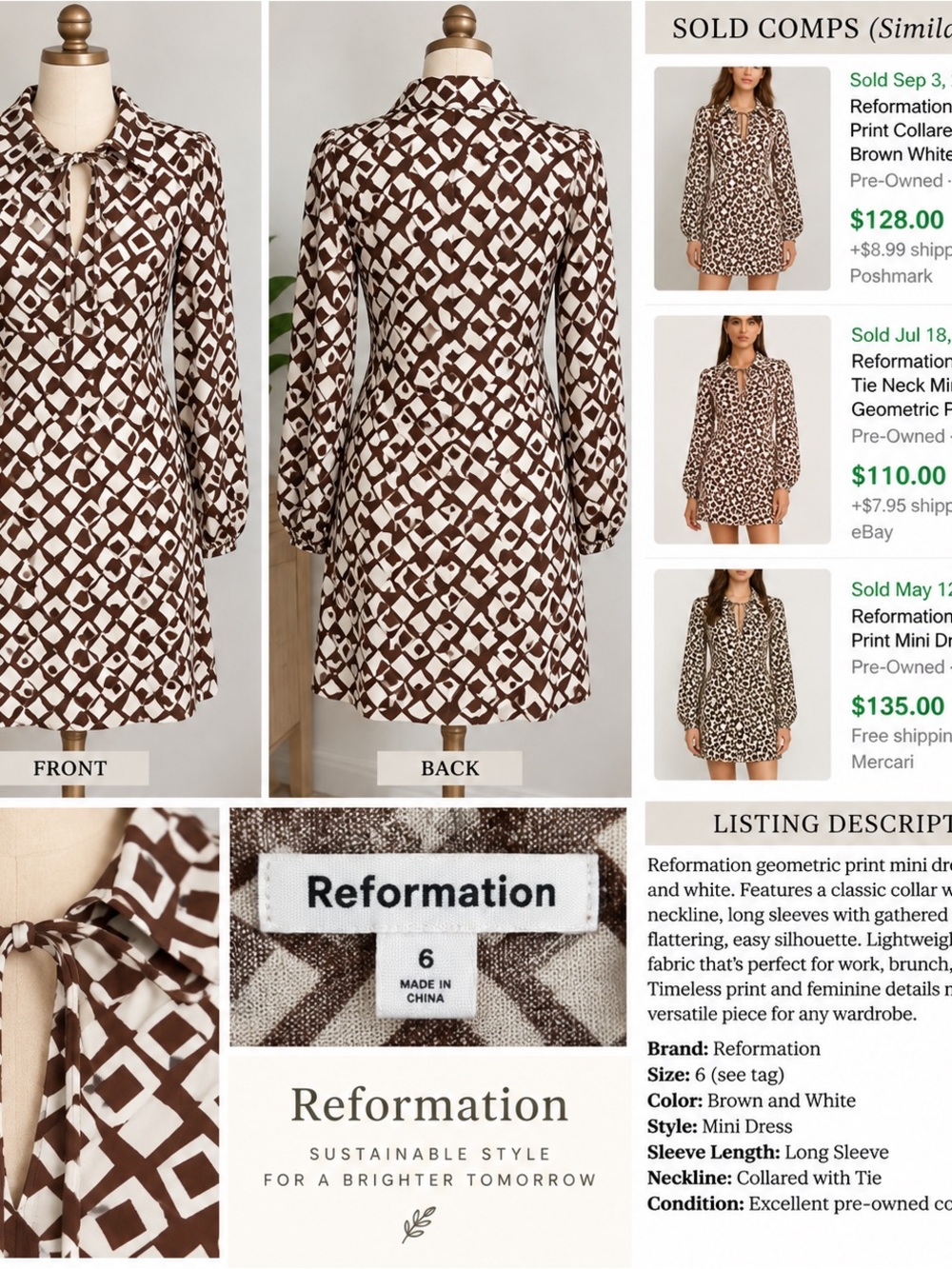 Reformation Size 6 Brown White Geometric Print Tie Neck Long Sleeve